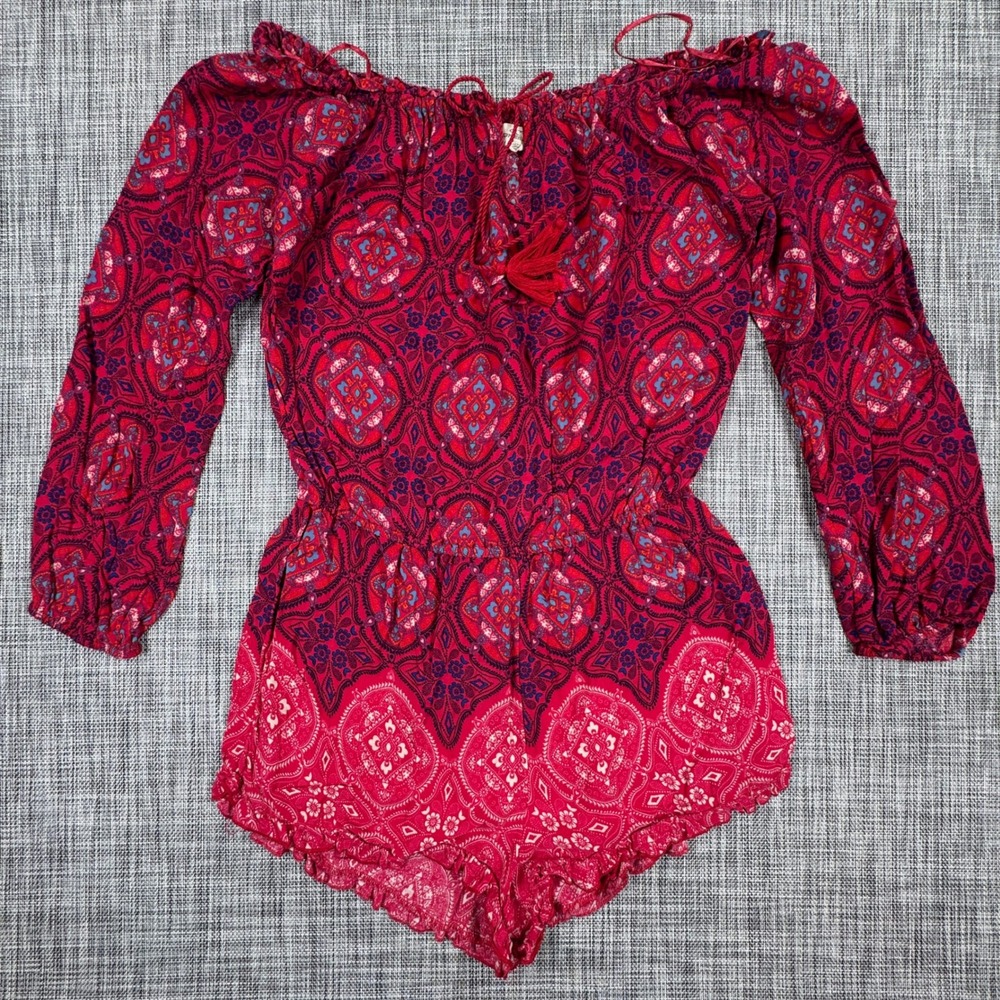 O'Neill Nashville Womens Large Red Boho Off Shoulder Romper Tassel Long Sleeve